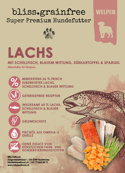 bliss.grainfree Welpen Lachs mit Schellfisch, Blauem Wittling, Süsskartoffel & Spargel