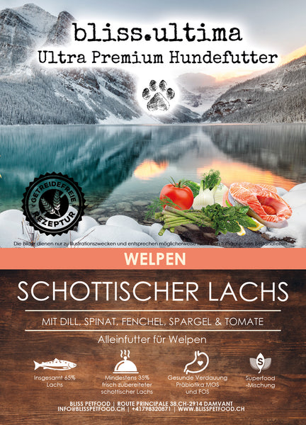 bliss.ultima Welpen Schottischer Lachs mit Dill, Spinat, Fenchel, Spargel & Tomate